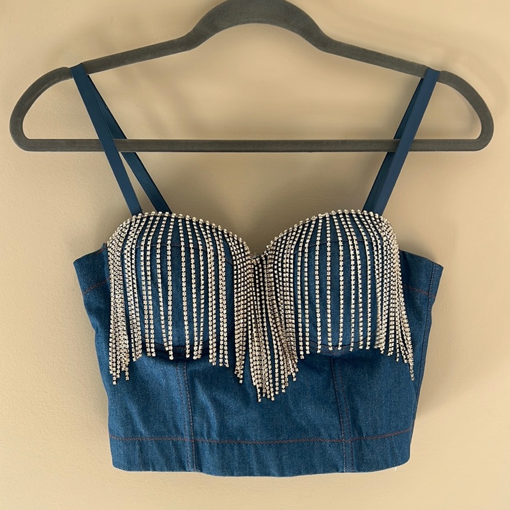Denim Bustier Rhinestone Top sz. M NWOT